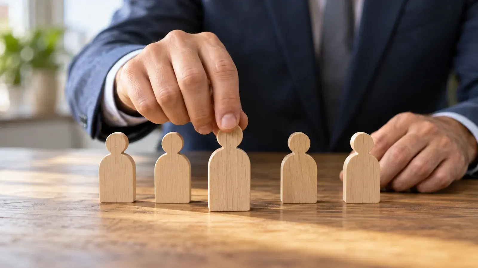 A recruiter arranges wooden people figures on a desk.