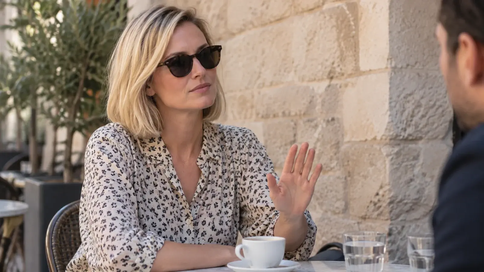 A woman raises an open palm to pause a conversation at a cafe.