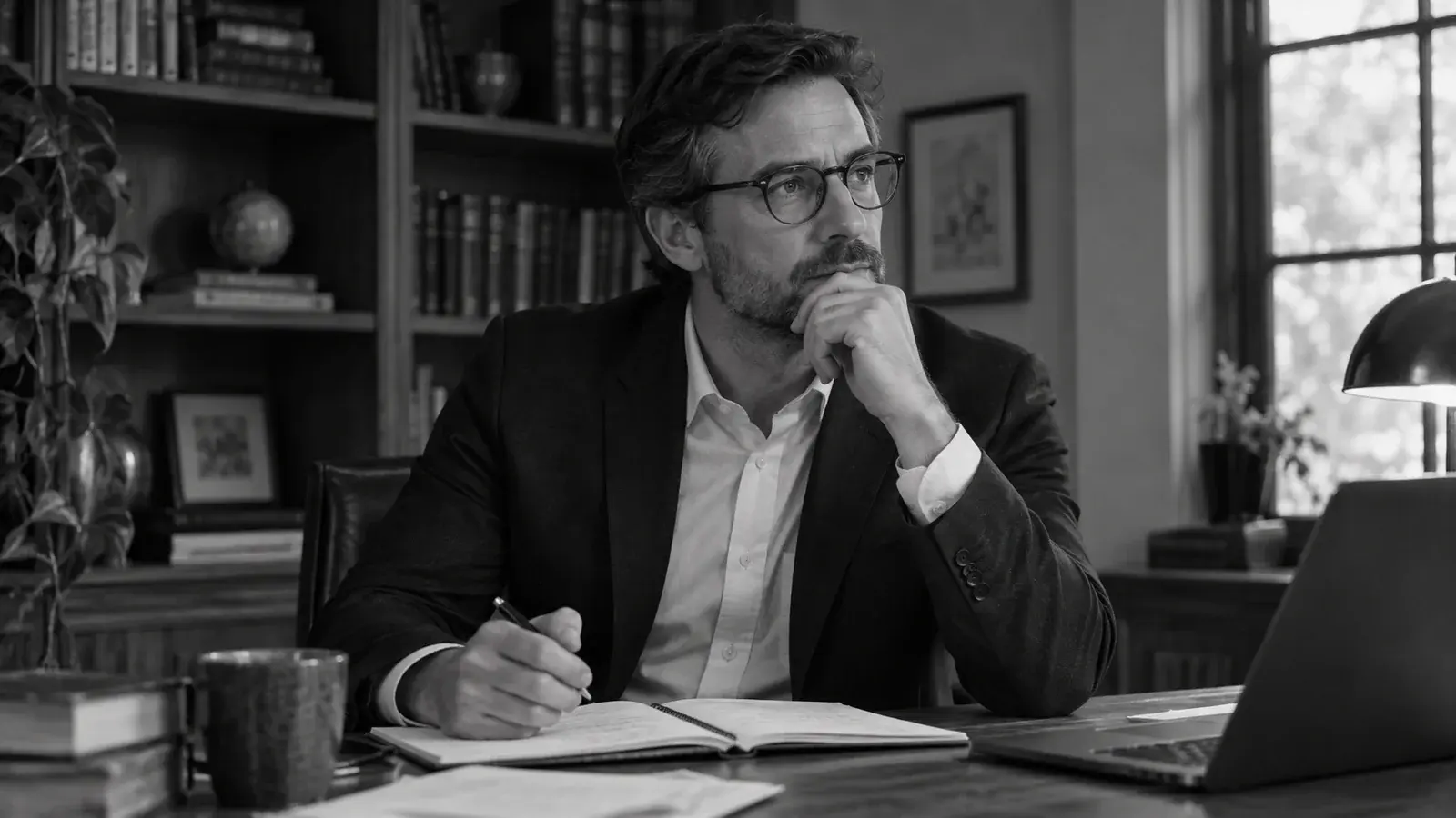 A professional in glasses prepares quietly in a black-and-white portrait.