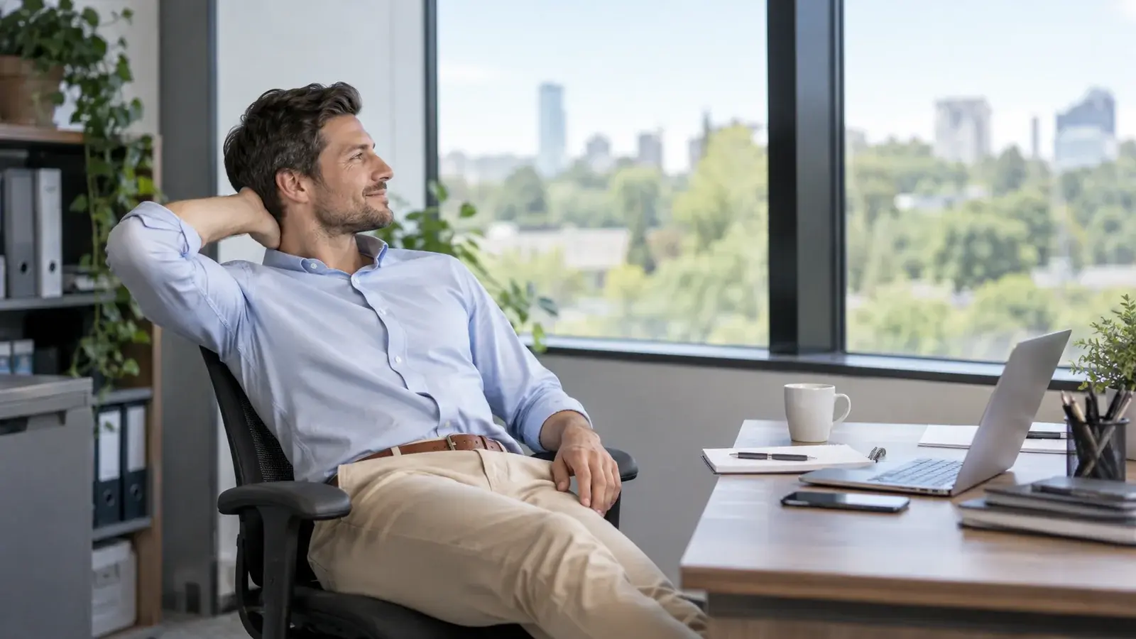 A professional leans back from his desk and looks toward a window.