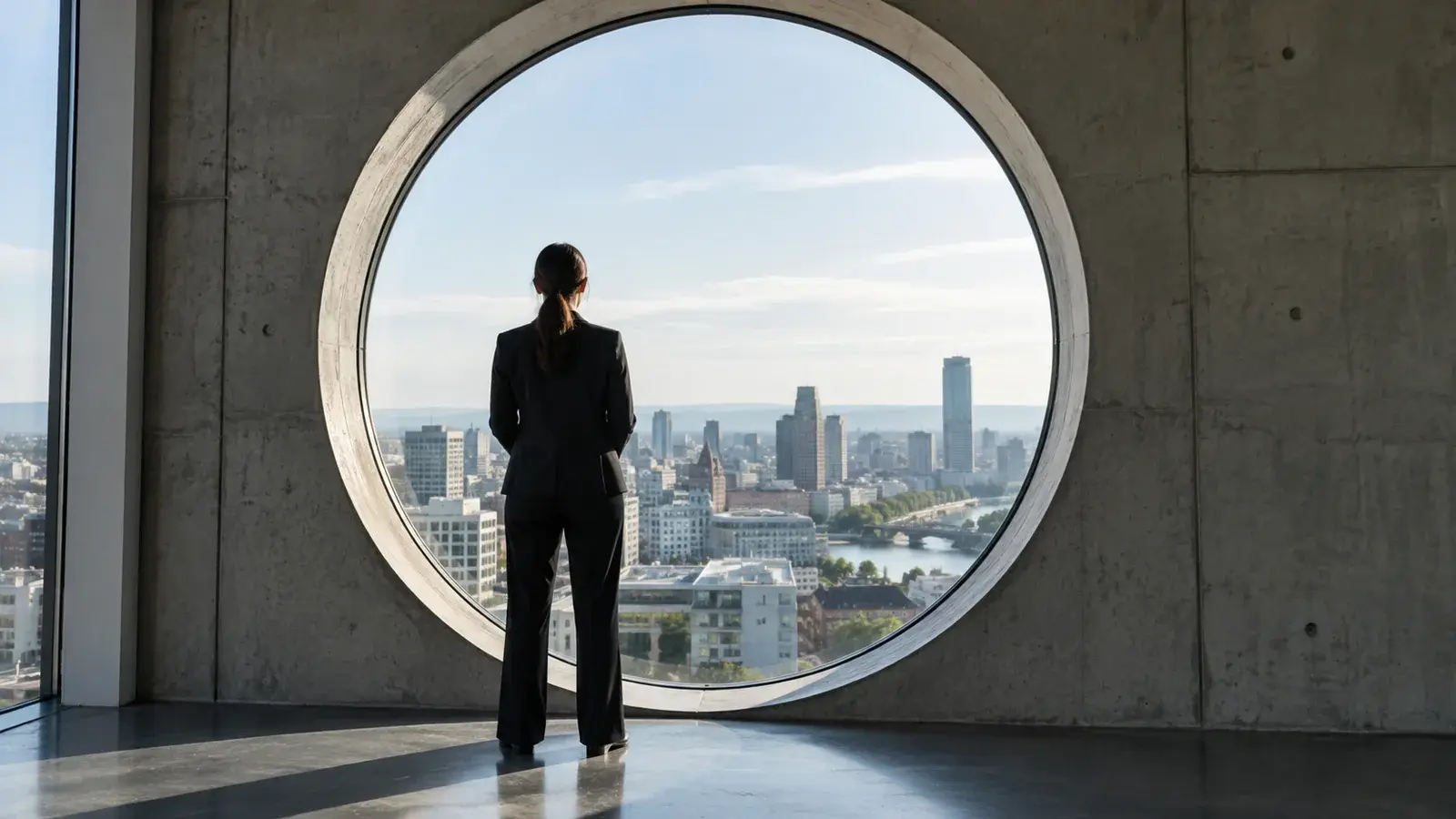 A businessperson looks over a city through a circular window.