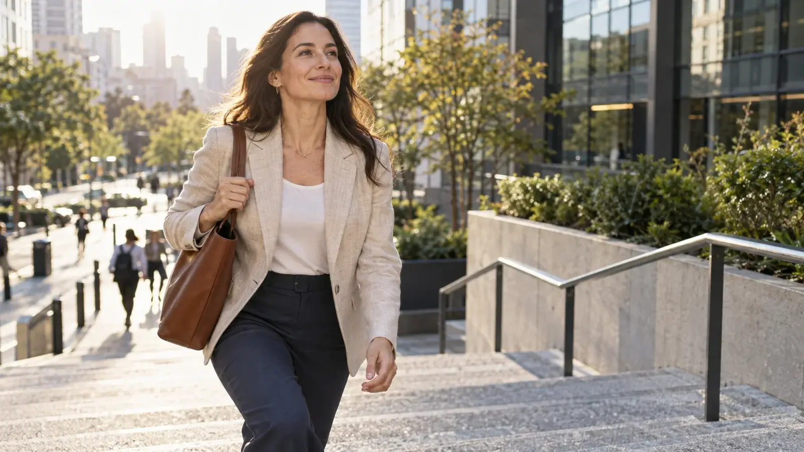 A professional walks up a sunlit city stairway with a work bag.