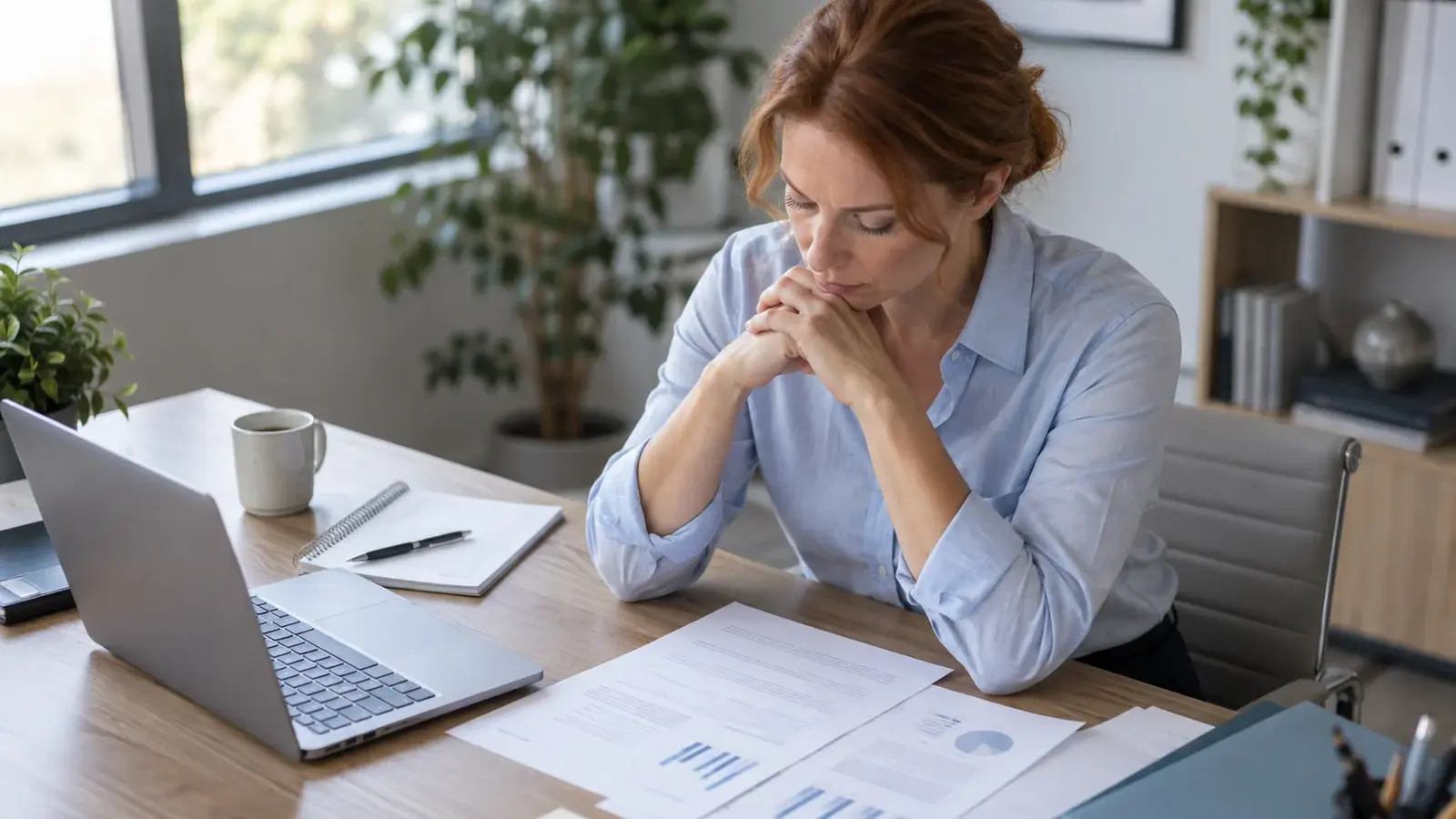 A sales manager considers paperwork at her desk.
