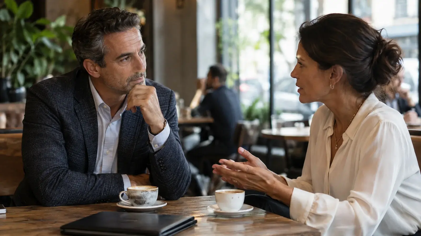 A salesperson listens carefully during a cafe meeting with a client.