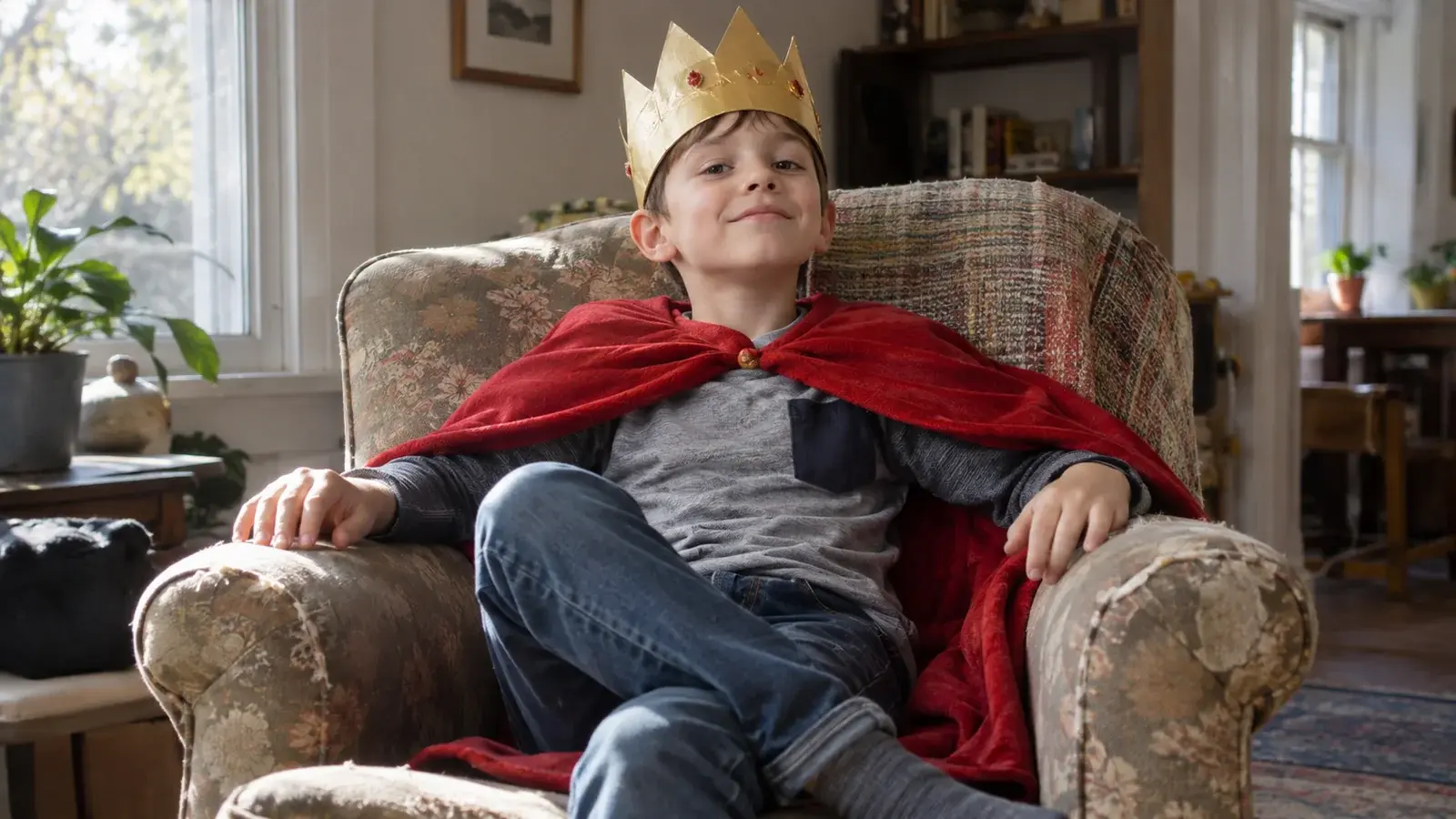 A child wearing a paper crown and red cape sits proudly in an armchair.