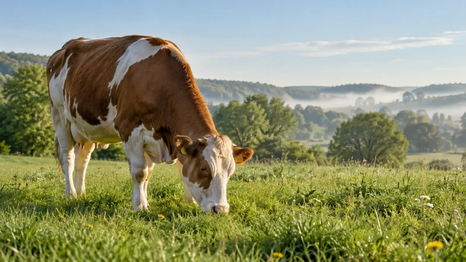 A cow grazes peacefully in a green meadow.