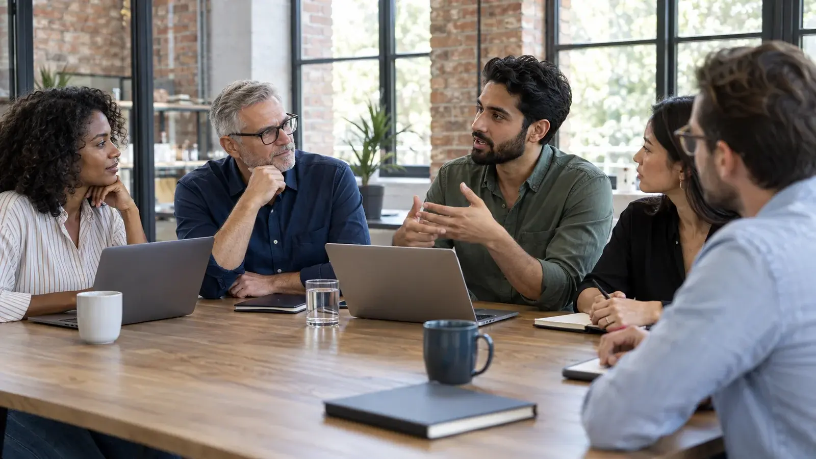 A sales team discusses ideas around a table in a brick-walled office.