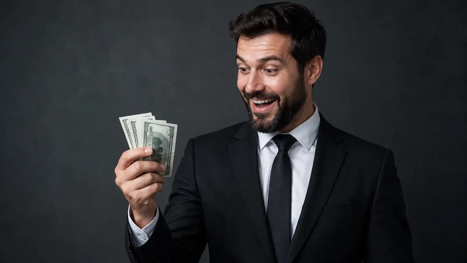 A professional smiles while looking at a few banknotes in his hand.