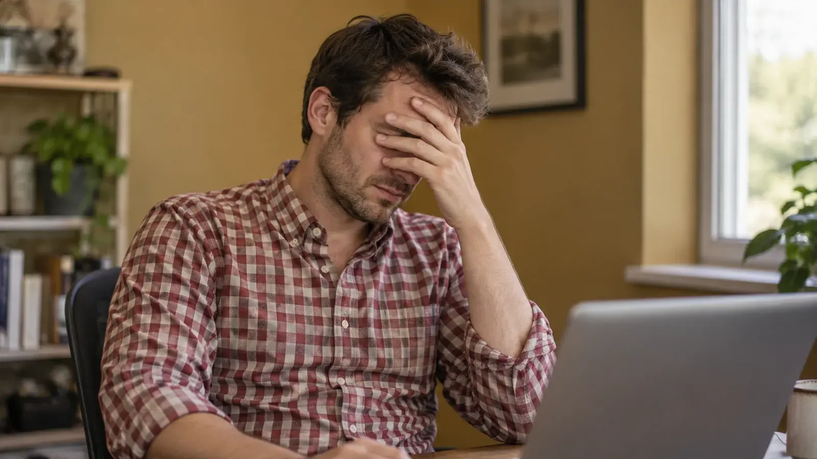 A man in a checked shirt covers his forehead with one hand.