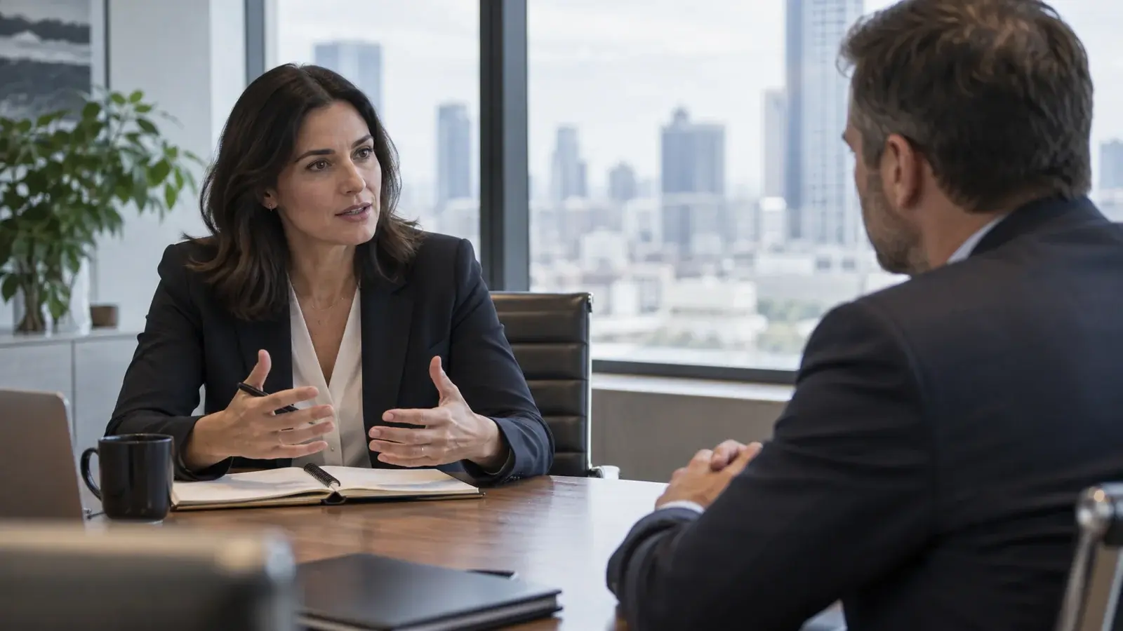A salesperson listens to an assertive executive in a boardroom.