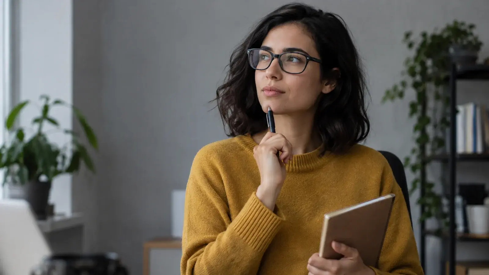 A woman in glasses considers a question while holding a notebook.