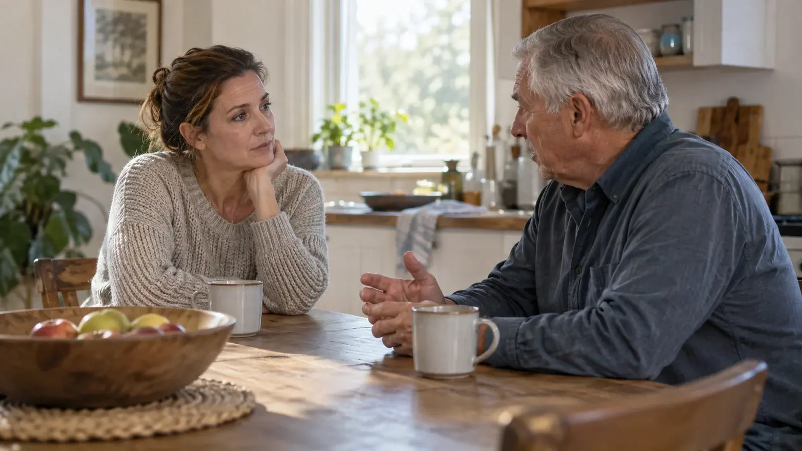 Two family members have a calm conversation at a kitchen table.