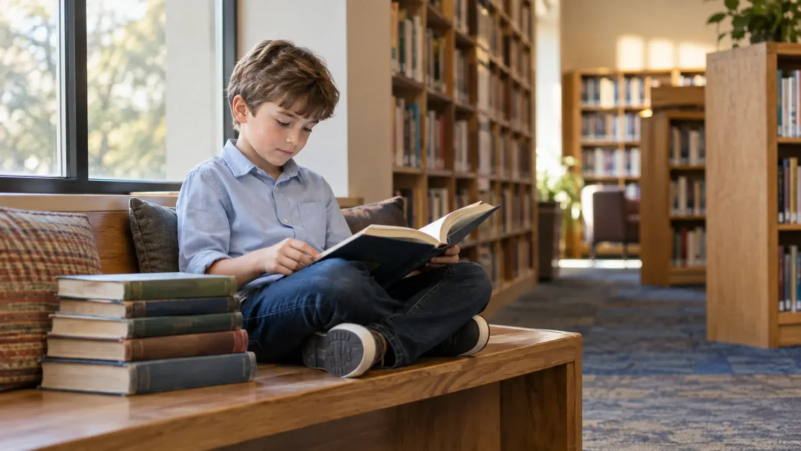 A child reads beside a stack of books in a library reading nook.