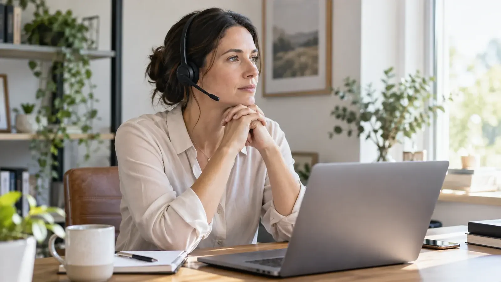 A professional in a headset takes a moment to prepare for a call.