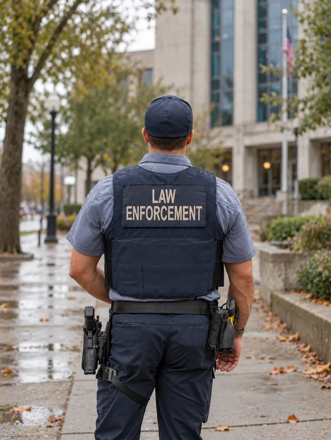 An officer in a navy uniform seen from behind on a rain-damp sidewalk outside a civic building
