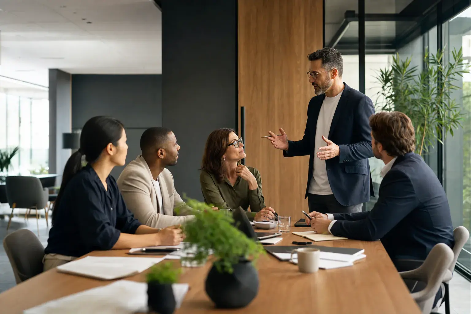 A facilitator leading a sales team workshop around a conference table