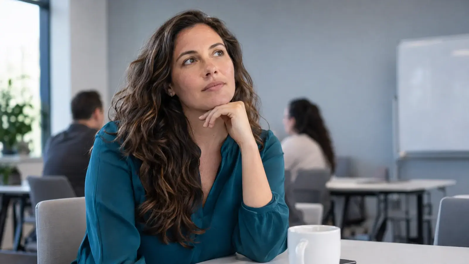 A sales professional pauses thoughtfully during a training session.