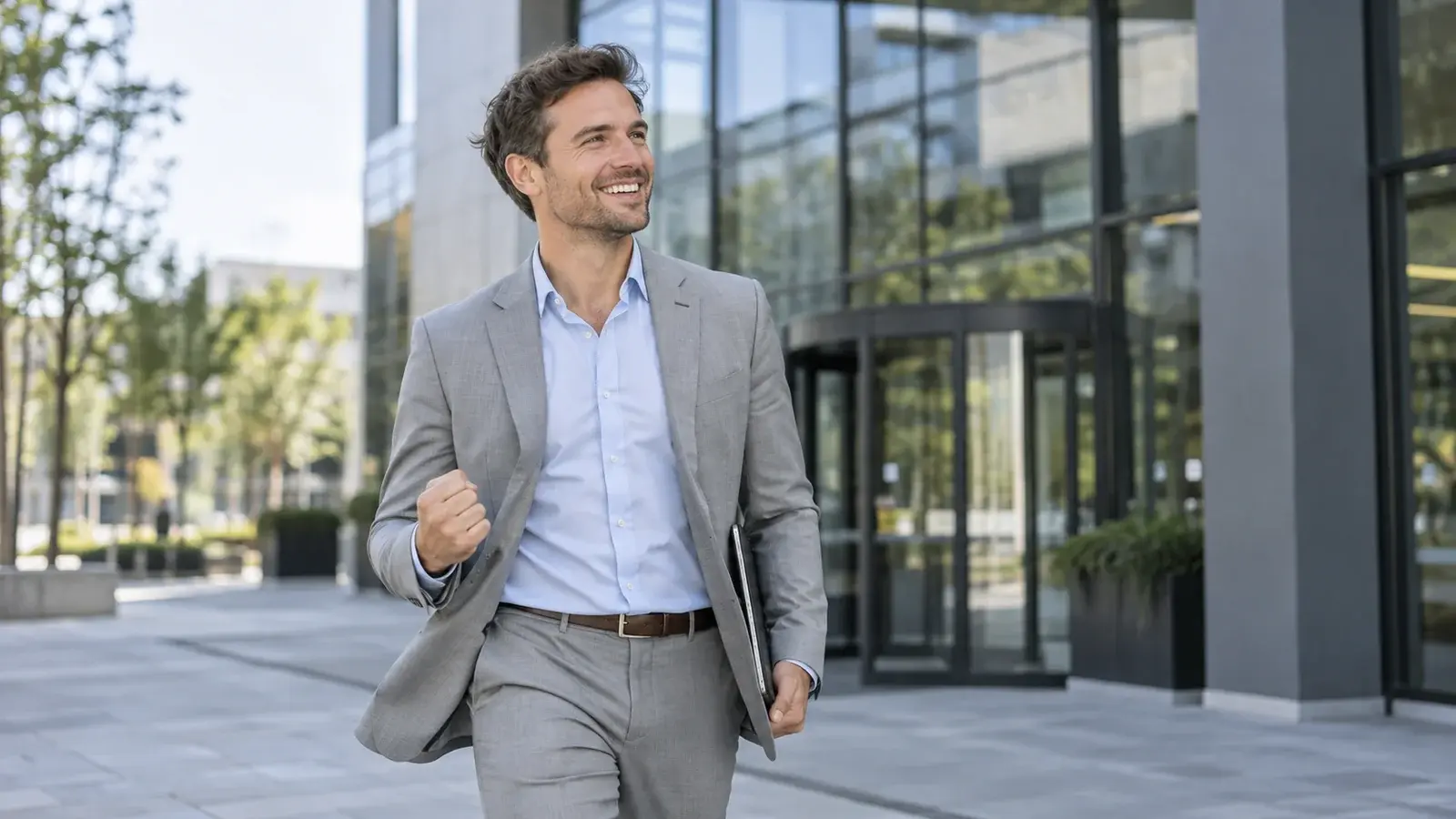 A salesperson celebrates a success outside an office building.