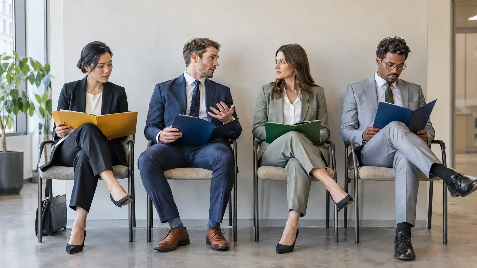 Sales candidates wait for interviews with portfolios in their laps.