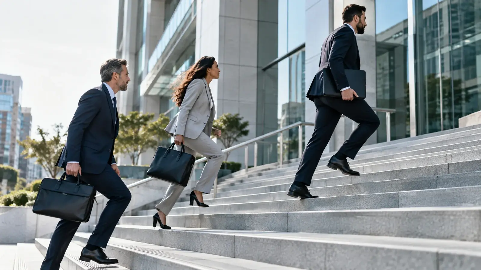 Business professionals move briskly up the steps toward an office.