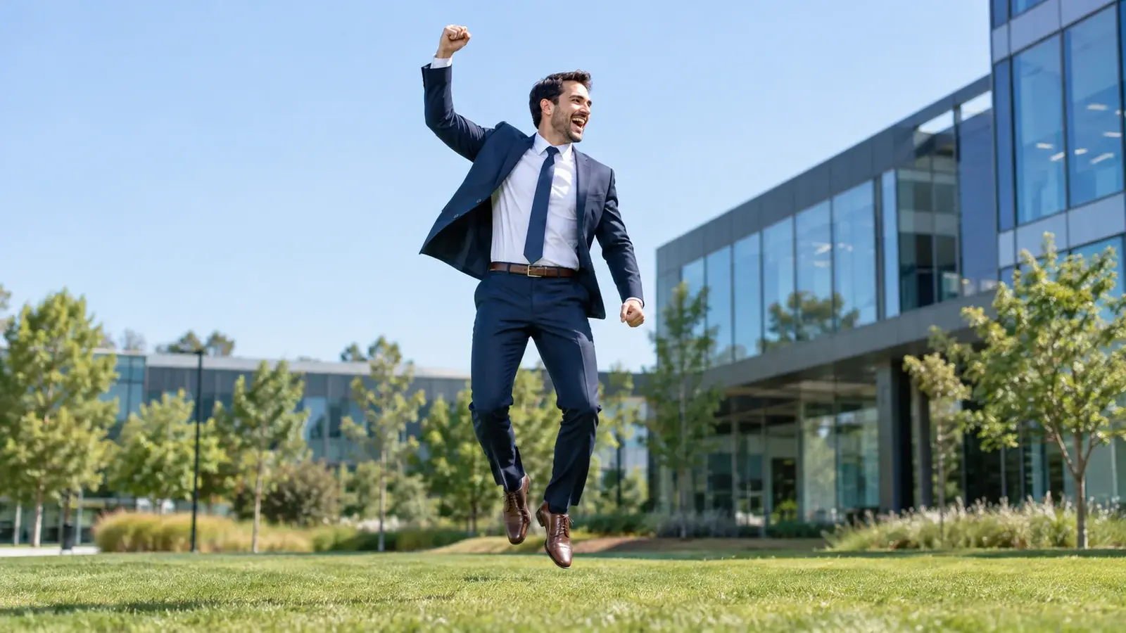 A salesperson makes a small celebratory jump outside an office.