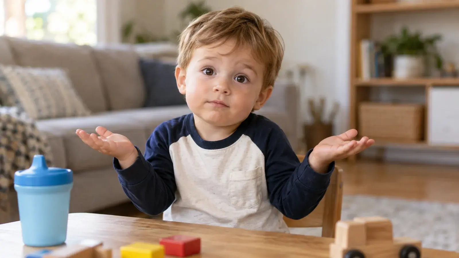 A toddler raises his palms with a curious, puzzled expression.