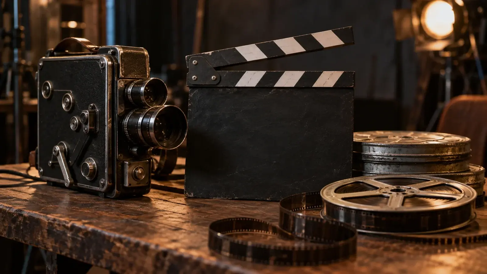 A film camera, blank clapperboard, and reels sit on a studio workbench.