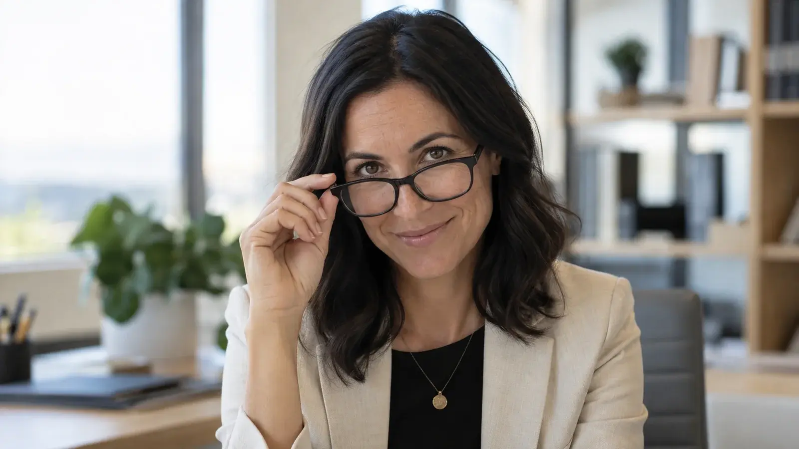 A professional looks over her reading glasses with a warm smile.