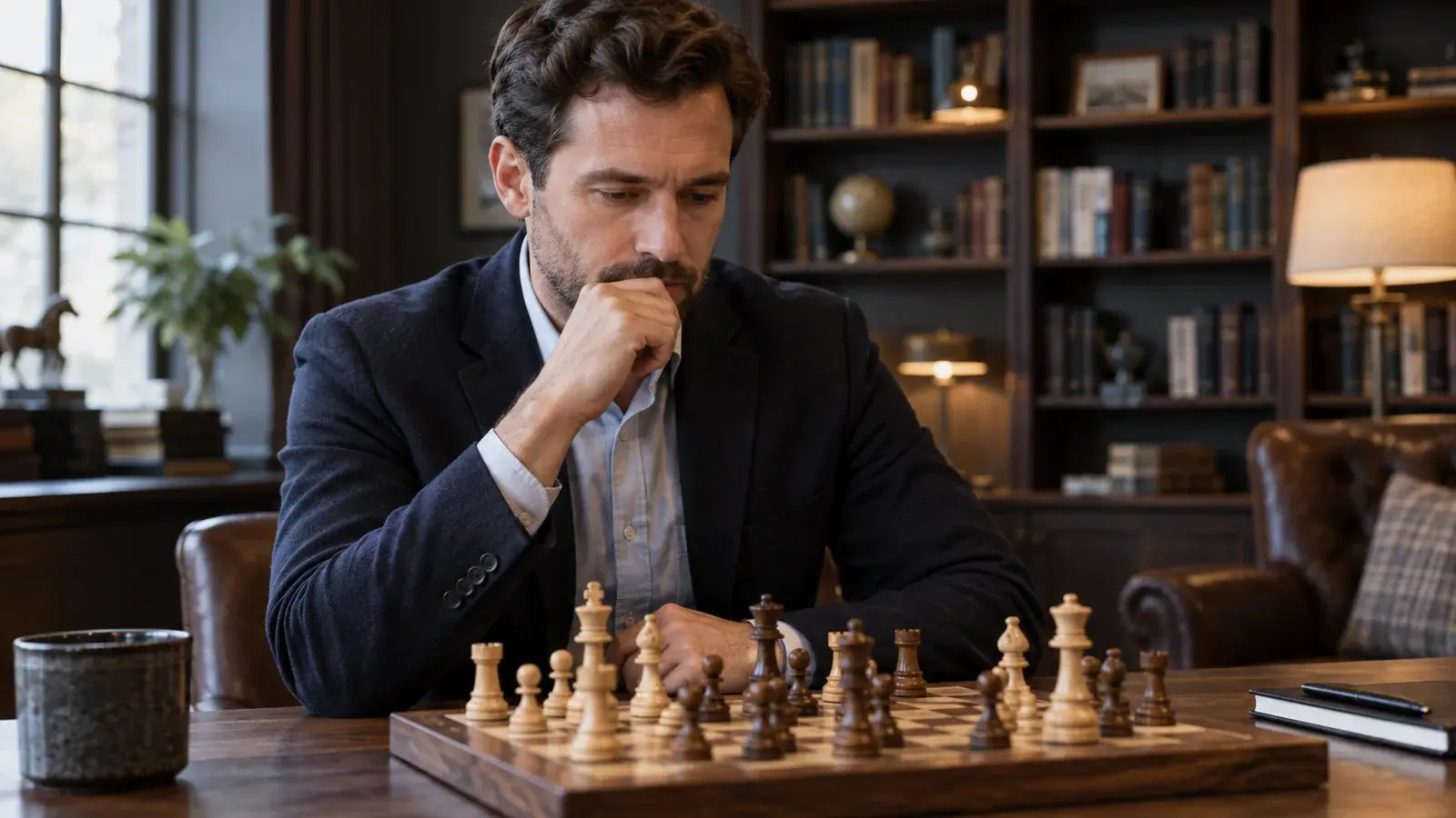 A professional studies a chessboard in a quiet room.