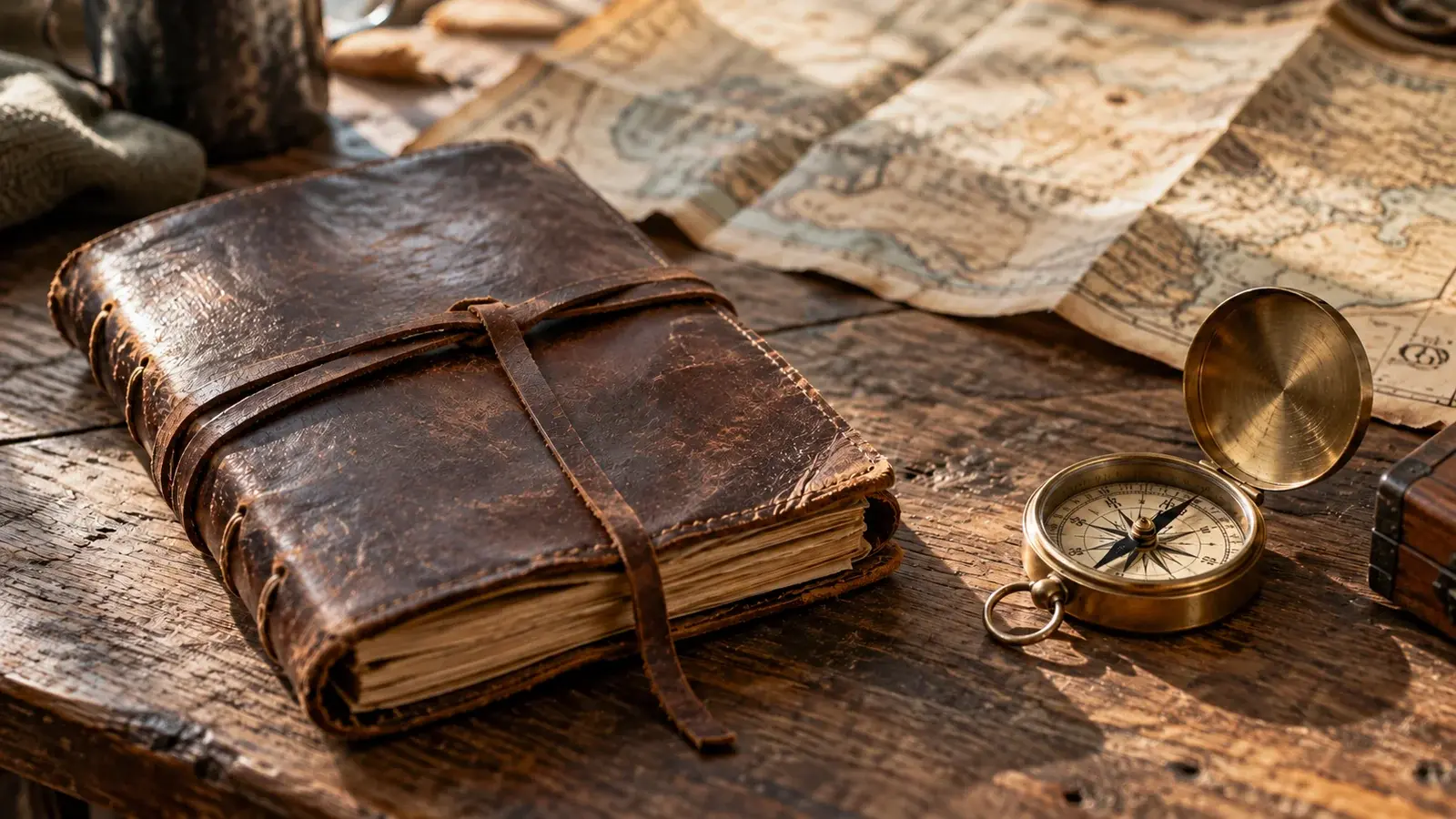 A leather journal, compass, and folded map rest on a wooden table.