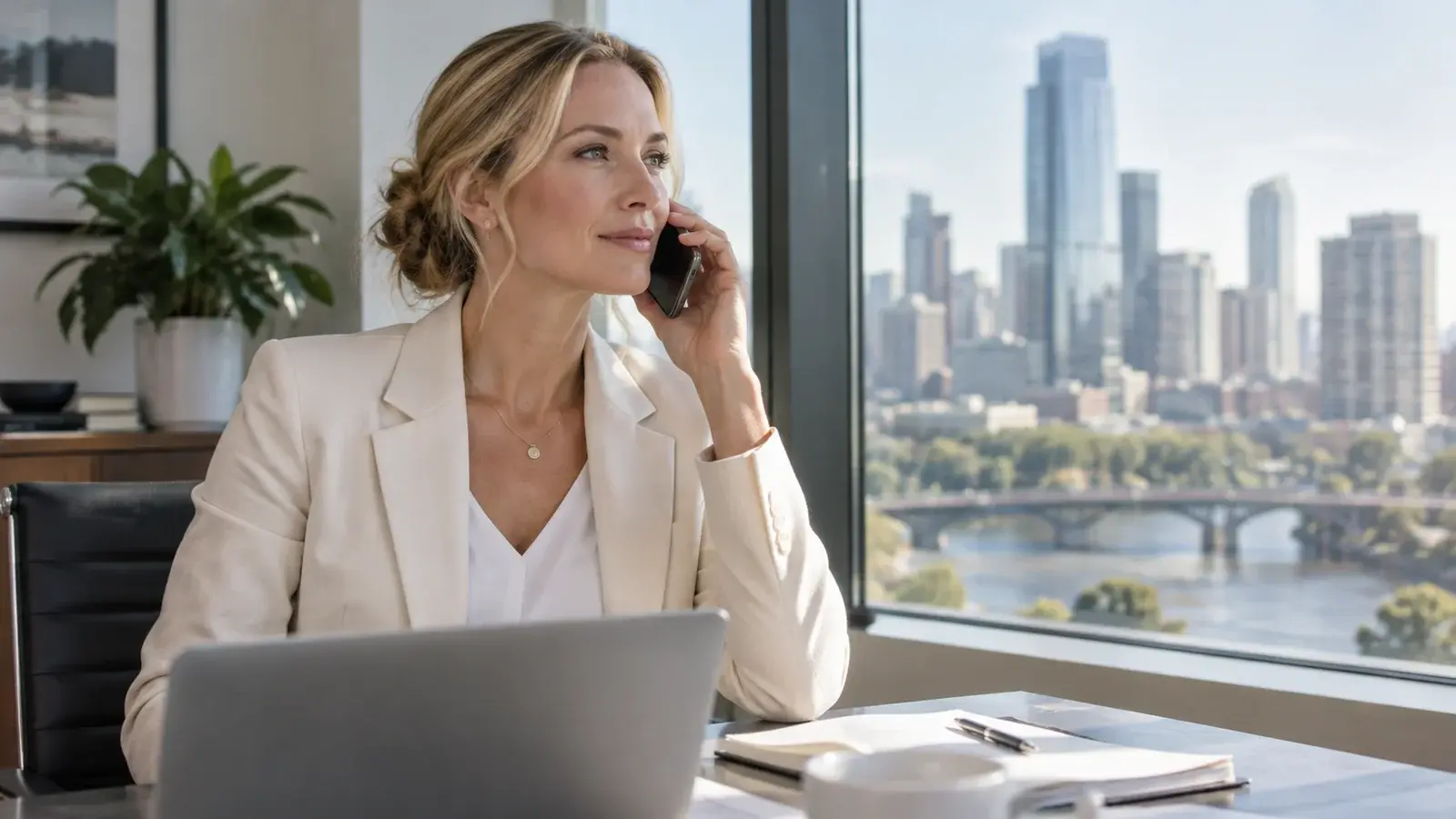 A professional takes a phone call beside a city office window.