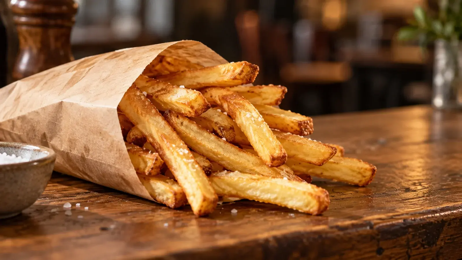 Golden French fries spill from a plain paper sleeve onto a cafe counter.