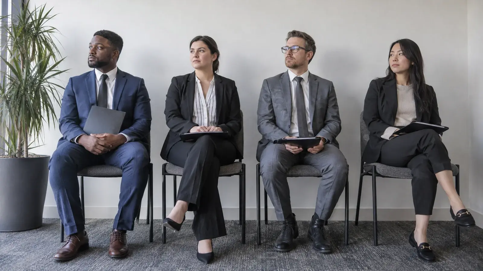 Four job candidates wait with portfolios in an office reception area.