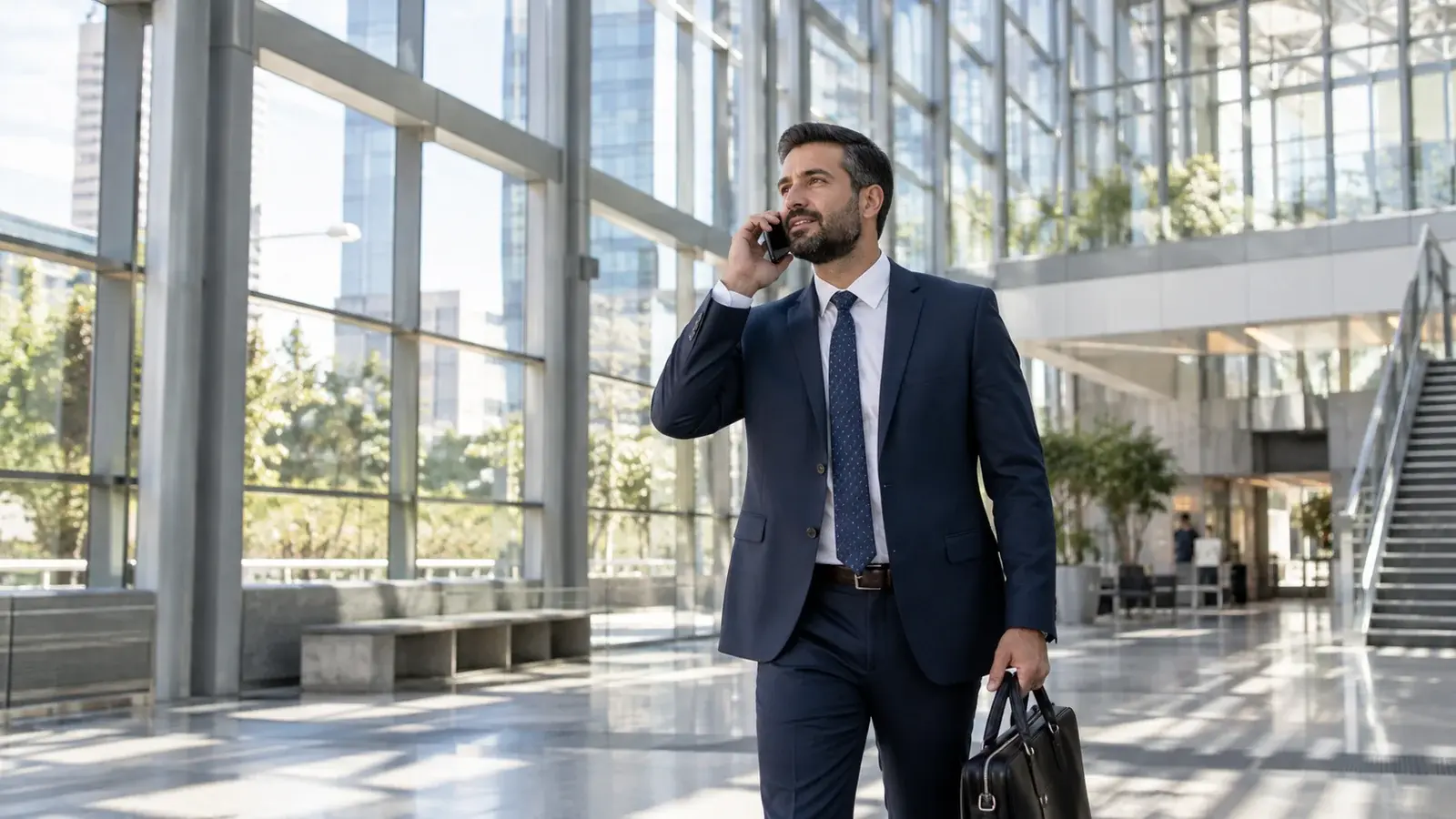 A remote sales representative takes a phone call in a bright office atrium.