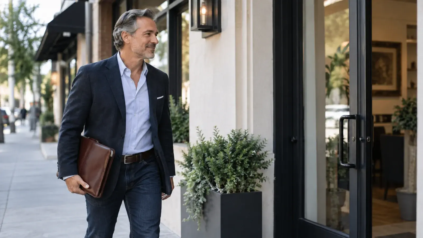 An experienced salesperson approaches a client's business with a portfolio.