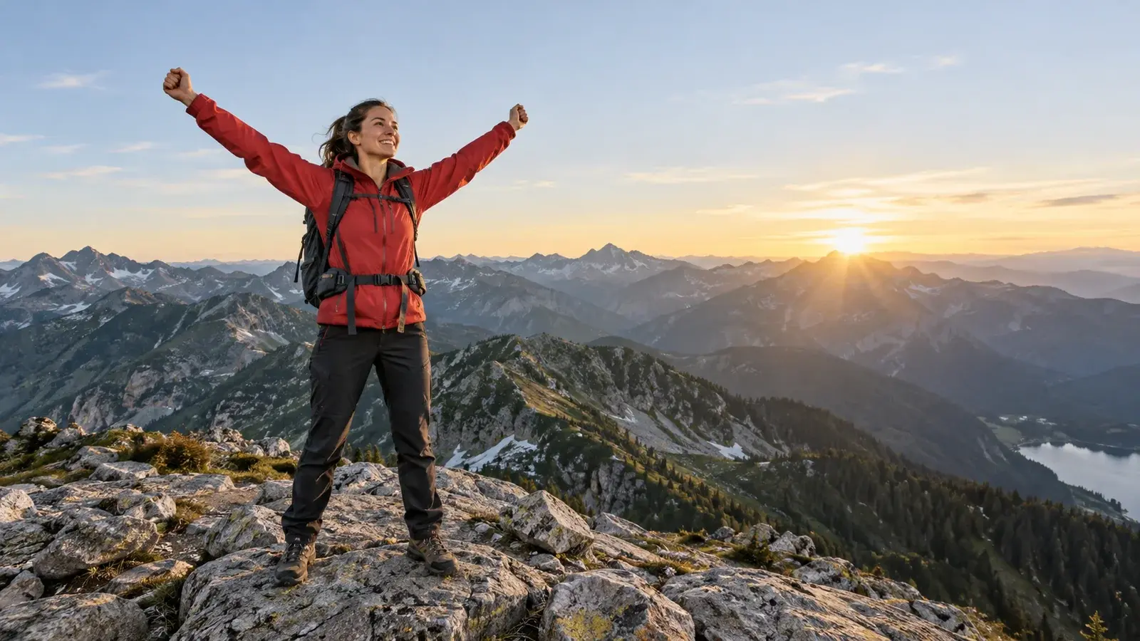 A hiker celebrates reaching a rocky mountain summit.