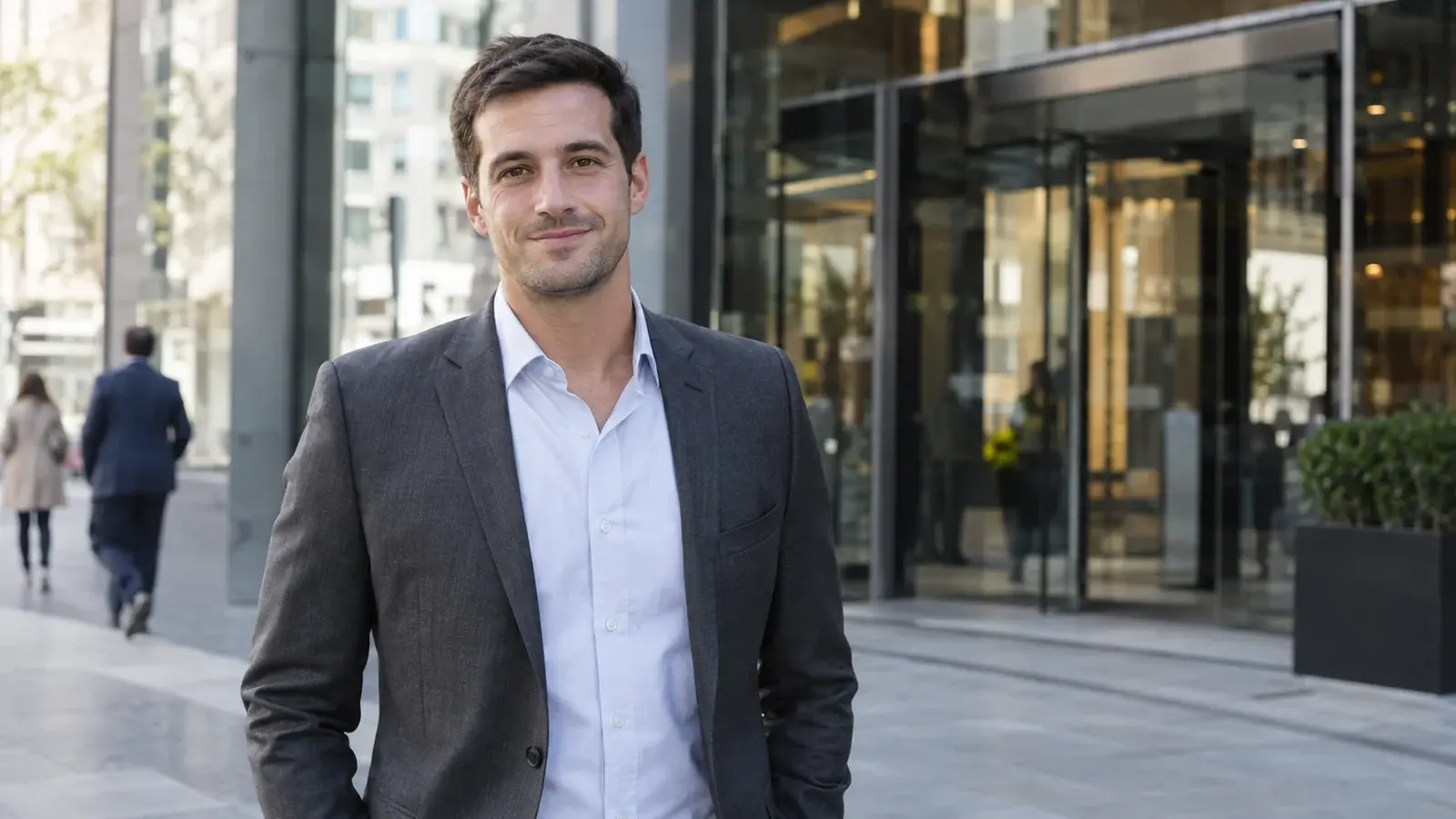 A sales manager stands outside an office building.