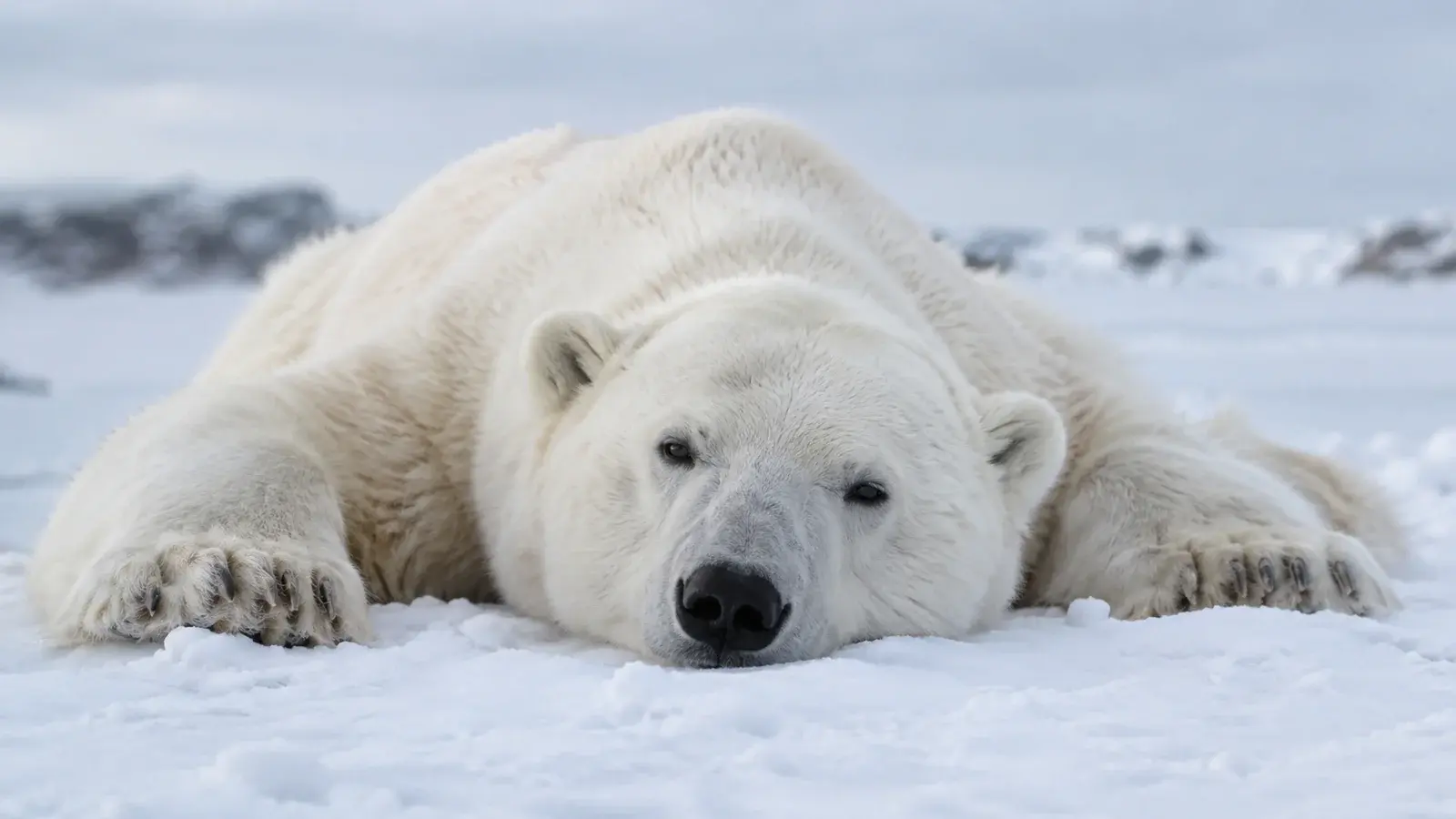 A polar bear rests its head on the snow.