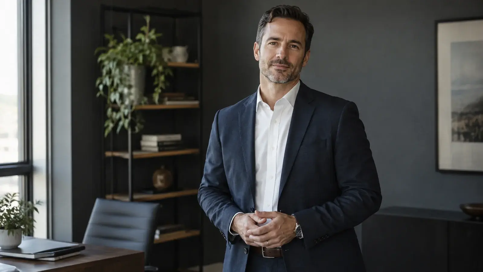An experienced salesperson stands in a softly lit office.