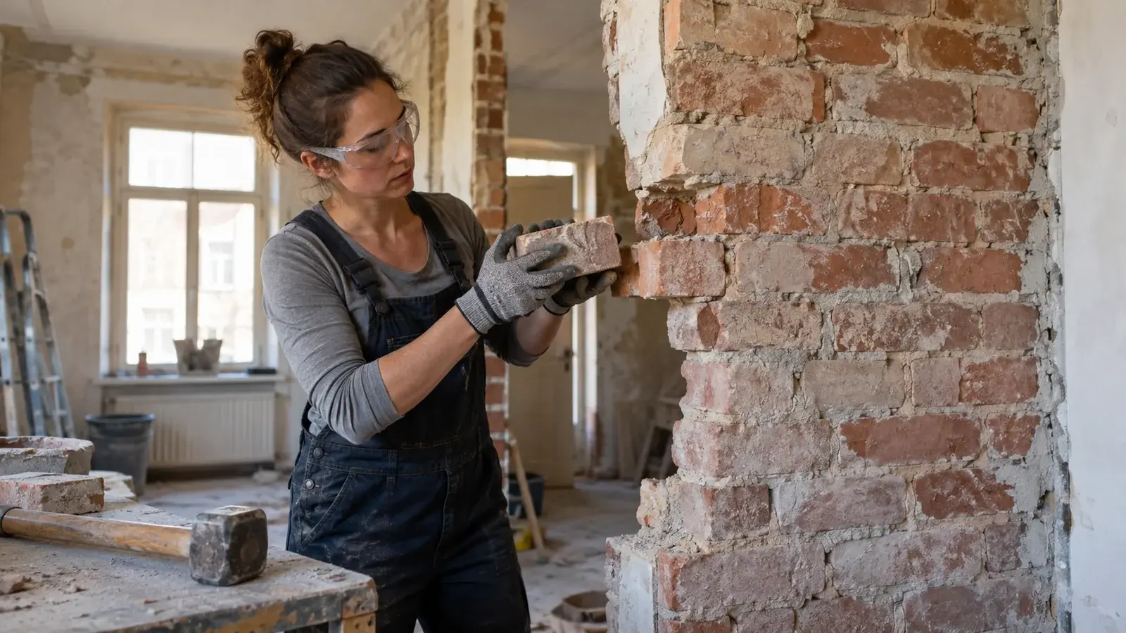 A woman removes a loose brick from a partition during a renovation.