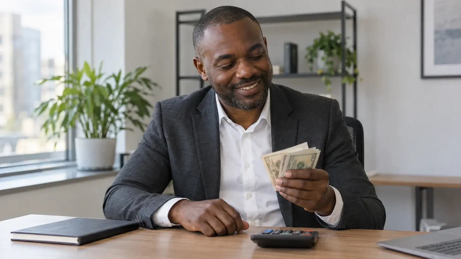 A salesperson counts a small stack of banknotes at his desk.