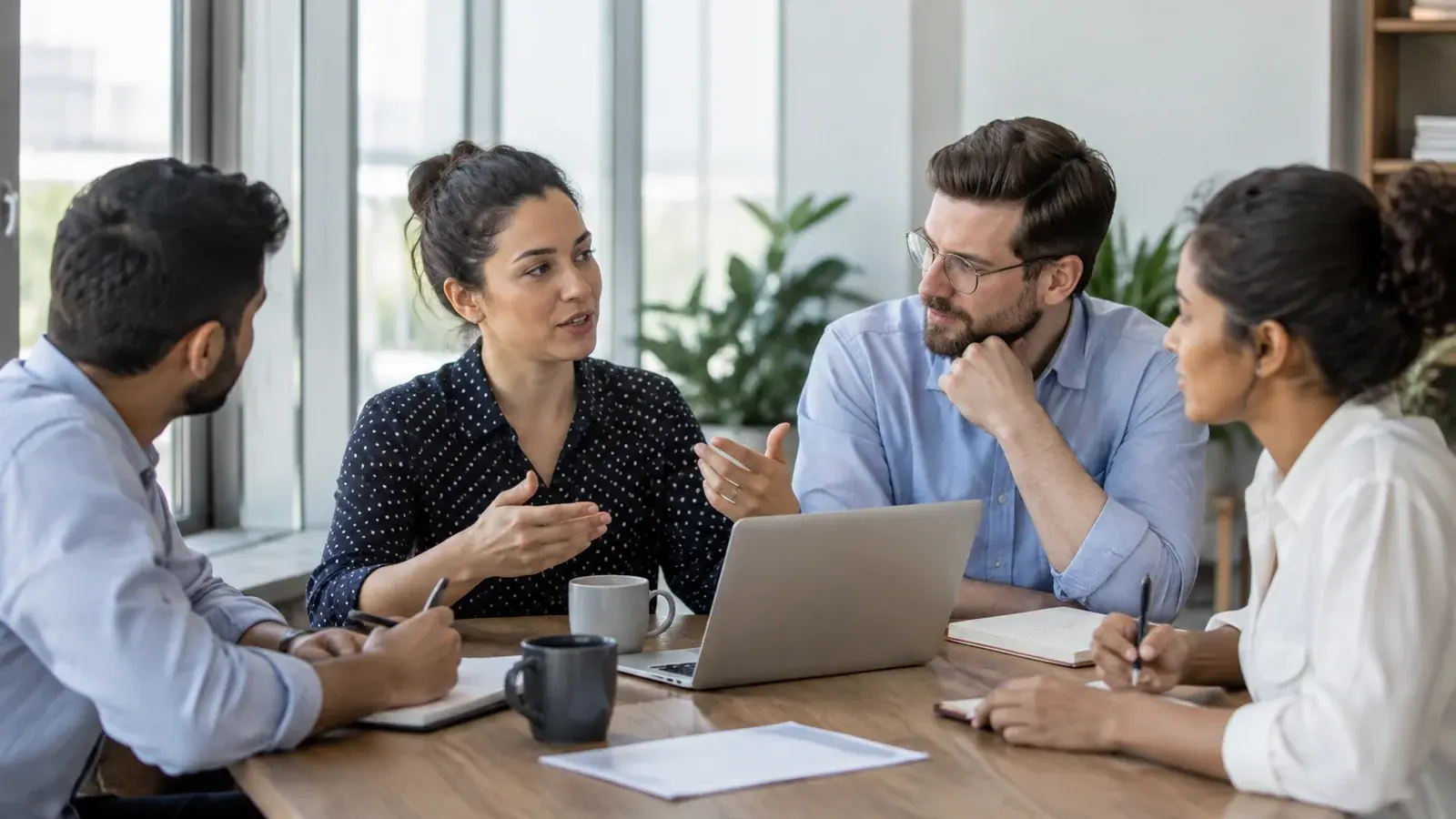 Four colleagues collaborate around a table in a bright office.