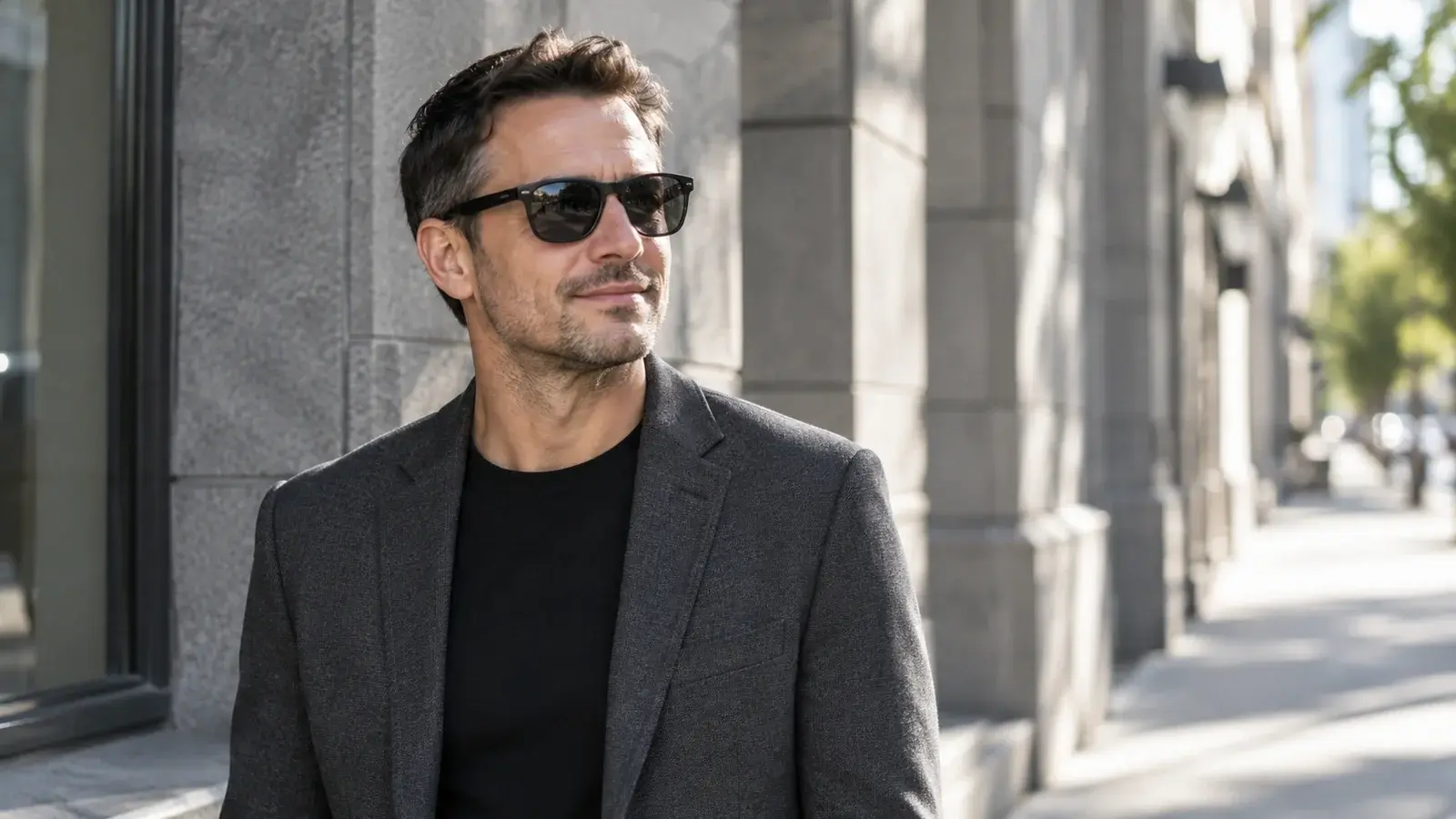 A sales professional wearing sunglasses stands outside a city office.