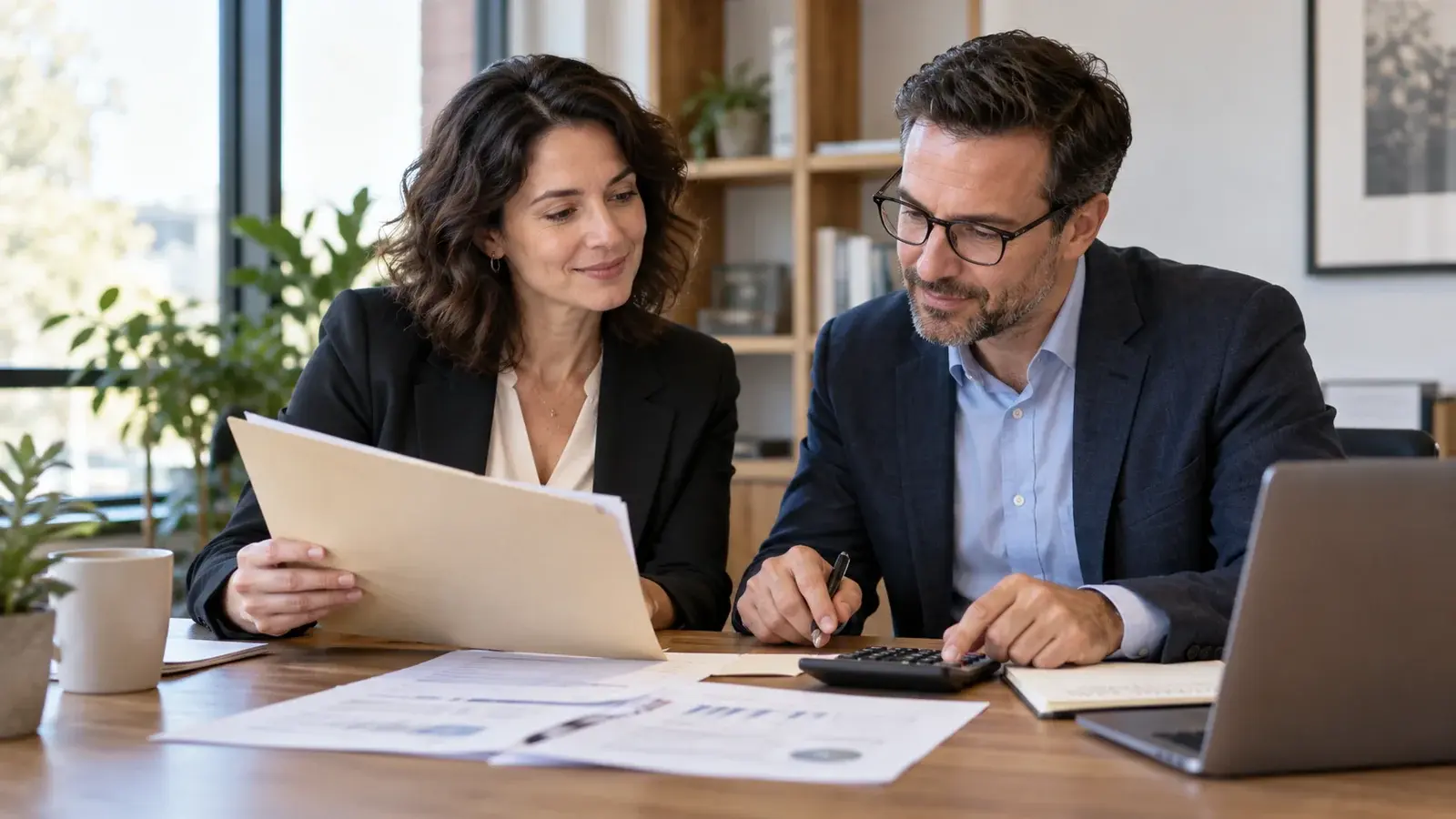 Two professionals review a plan with a folder and calculator.