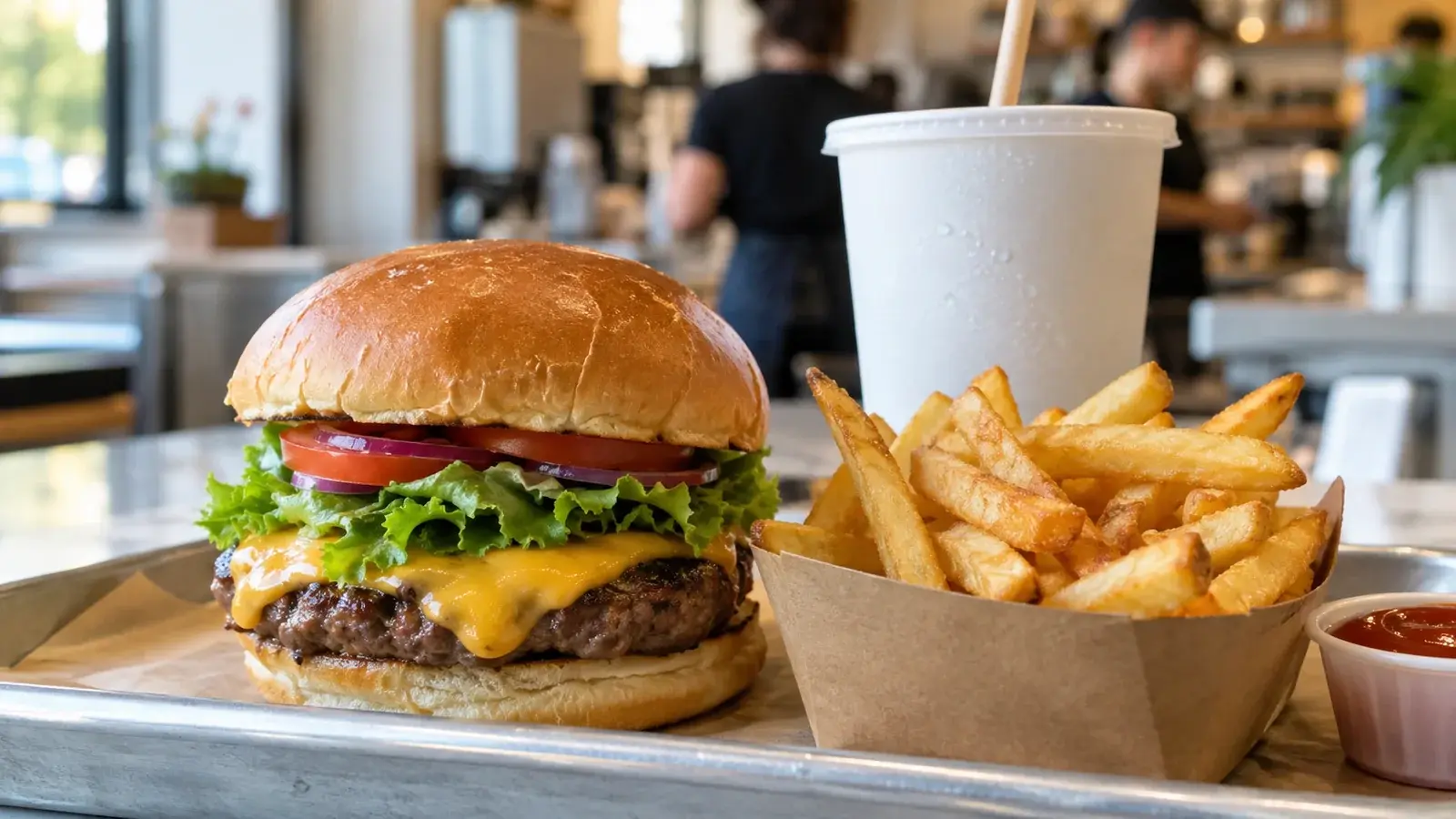 A burger, fries, and drink are arranged on a cafe counter.