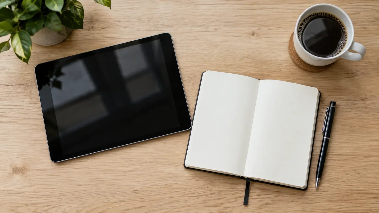 A tablet, notebook, pen, and coffee are arranged on a desk.