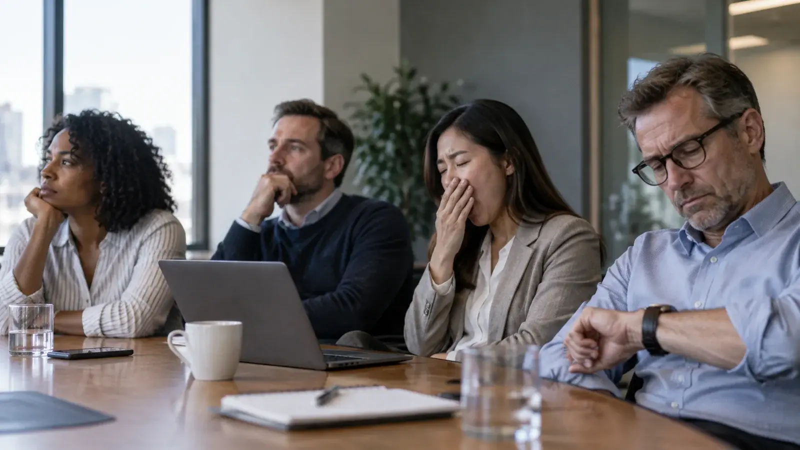 Colleagues lose focus during a long office meeting.
