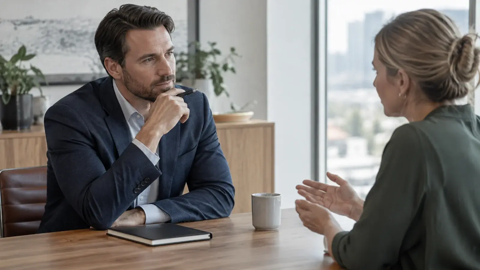 A sales representative listens before responding to a client.
