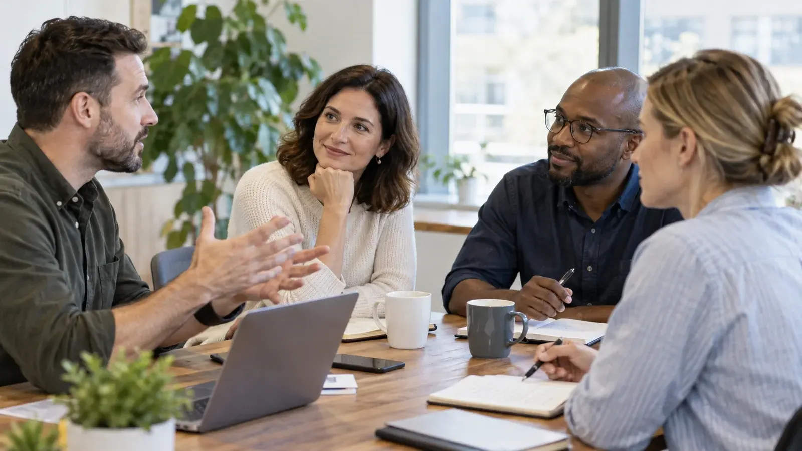 A sales team works through an idea during a focused workshop.
