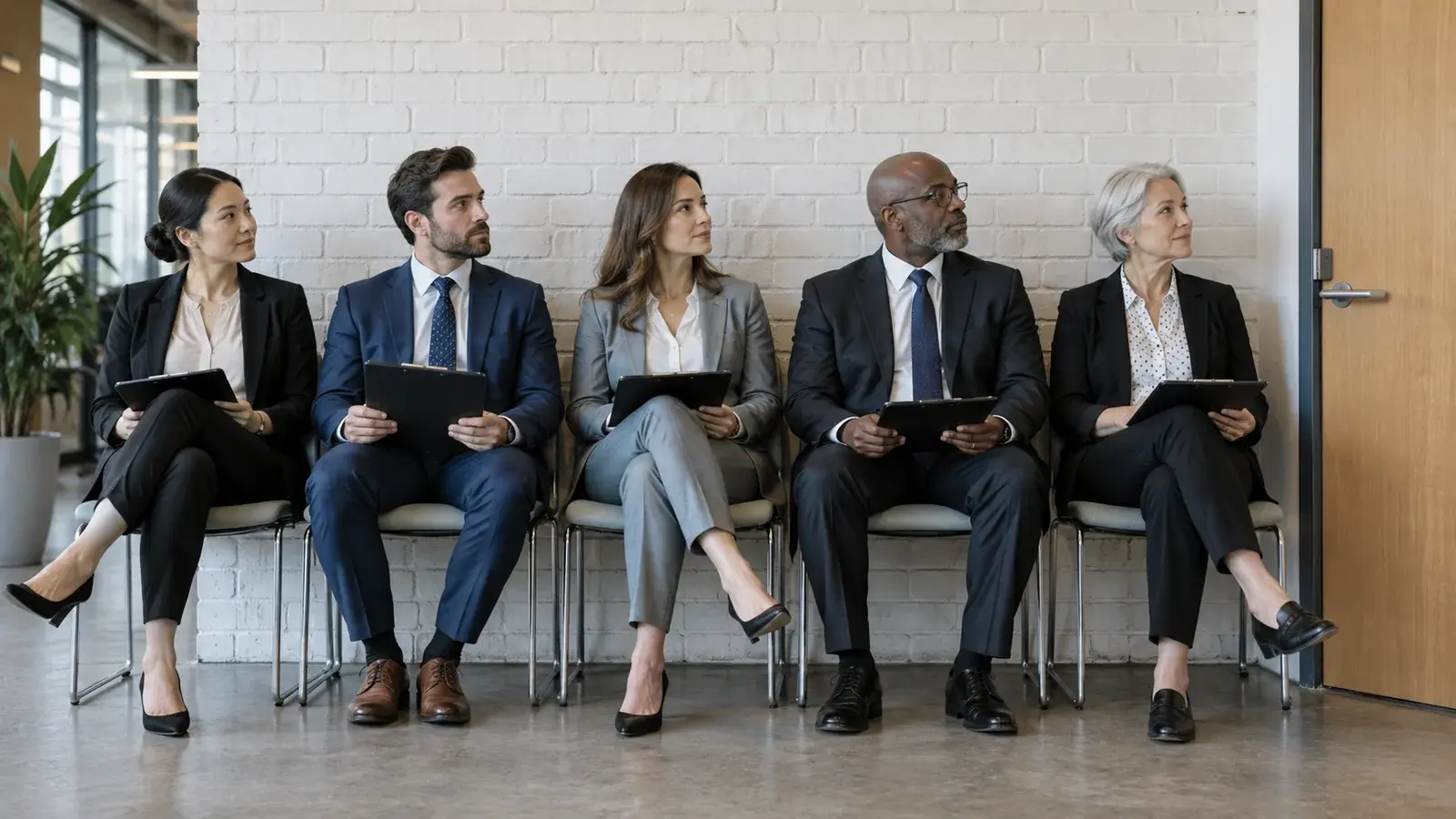 Job candidates wait with portfolios in an office reception area.